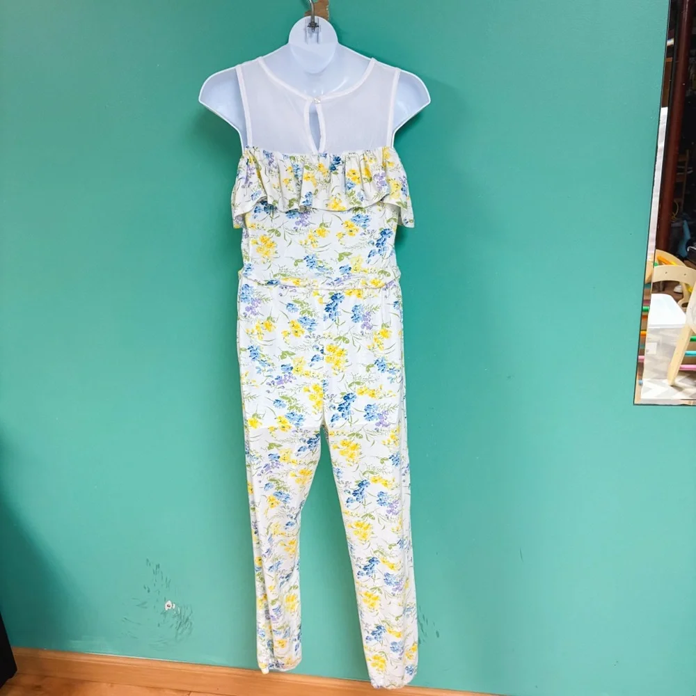 Laura Ashley Girls Yellow & White Floral Cold Shoulder Mesh Detail Jumpsuit M